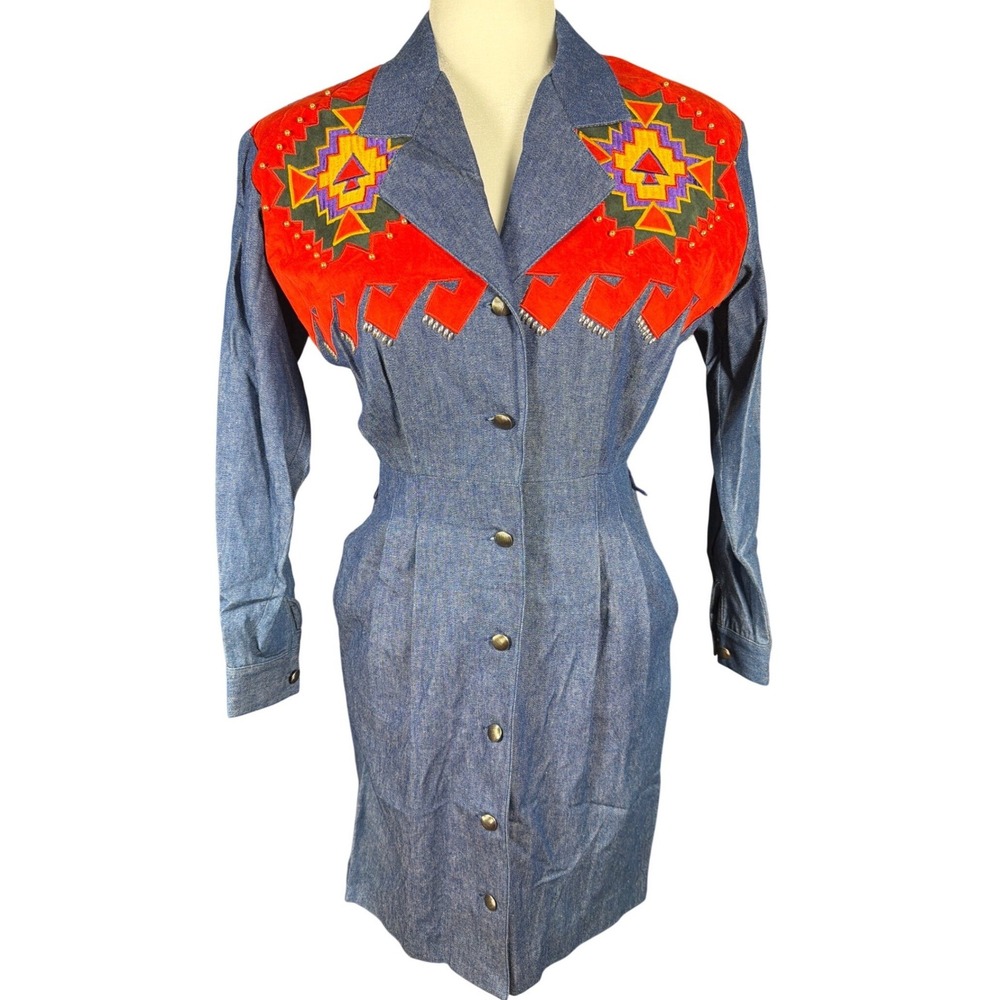 Adam Douglass Papell Petites Vintage Western Denim Dress Embroidered Blue Red 4P